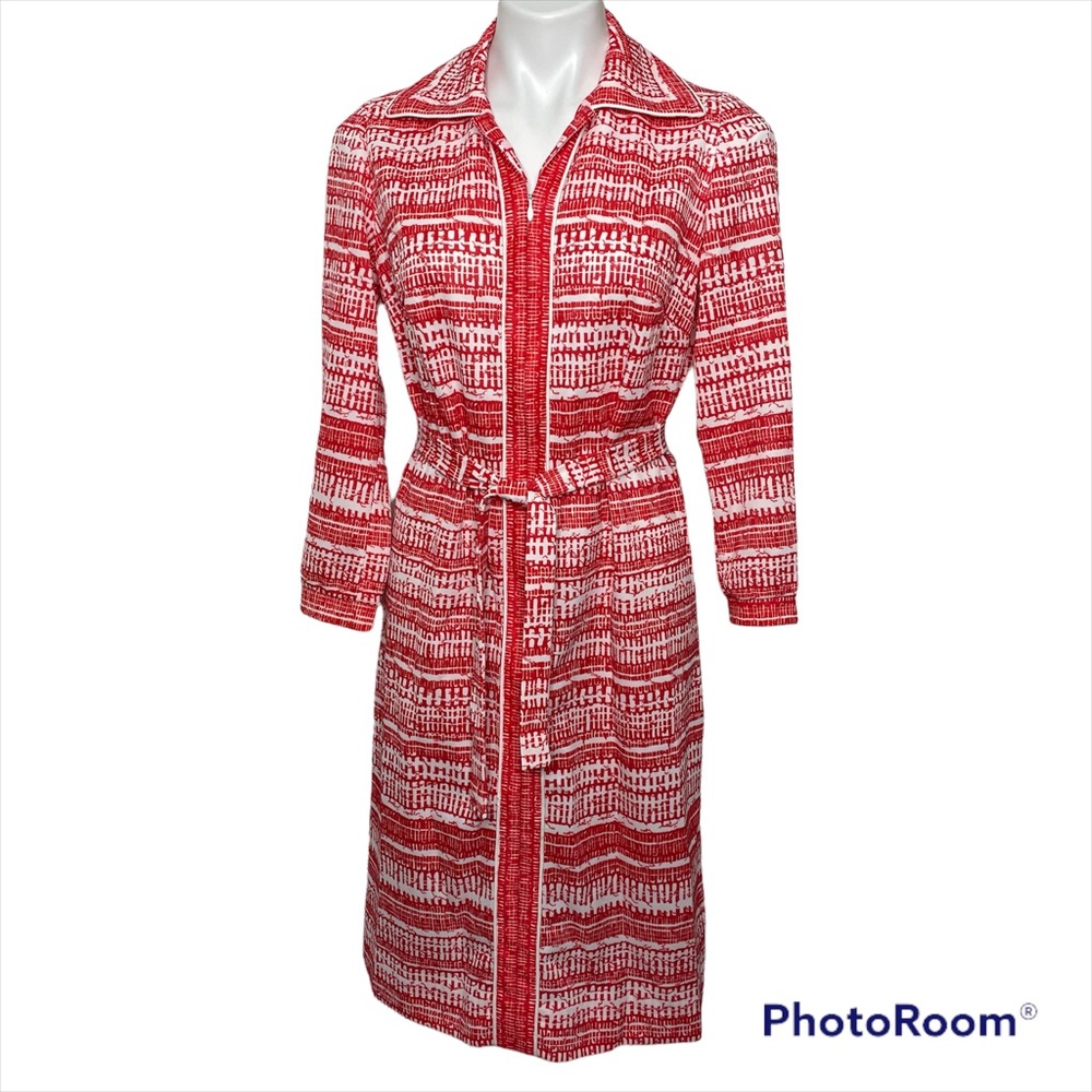 Vintage Leslie Pomer 1970’s Dress Polyester Red White Abstract Medium Tie Waist